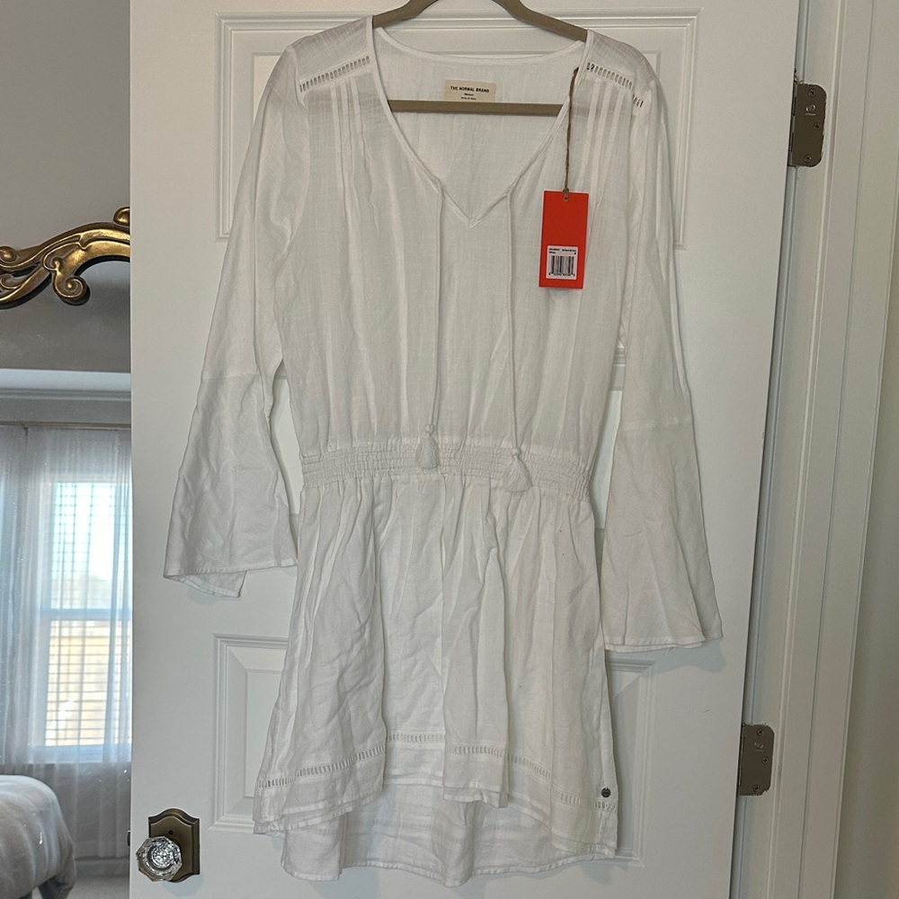 The Normal Brand White Bell Sleeve V-Neck Mini Dress